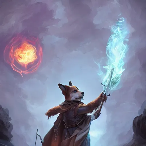 Prompt: corgi mystic, d & d character art, magical, arcane, fantasy, hyperrealistic, extremely detailed digital illustration, greg rutkowski, artgerm, trending on artstation, masterpiece, award - winning, 8 k