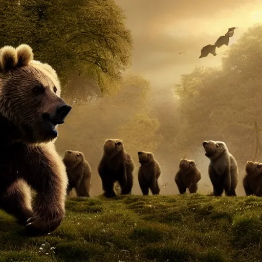 Image similar to an army of bears facing an army of bulls, magical forest, fantasy, Ireland, England, king Arthur, Lord of the rings, cinematic, realistic style, beautiful, majestic, dramatic lighting, early morning, dawn CGsociety, realistic, hyper maximalist, golden ratio, octane render, rule of thirds, wide shot , 8k resolution, epic volumetric light, cinematography, concept art, Artstation trending, environments, fantasy