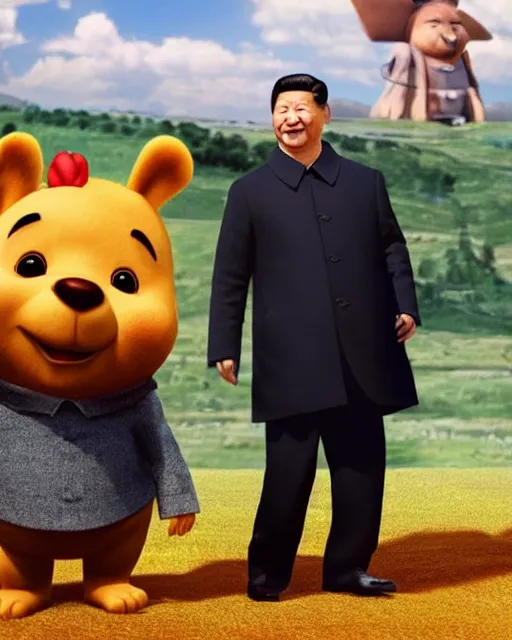 Image similar to movie still of president xi jinping starring as winnie the poo and vladimir putin as rabbit in live action winnie the poo movie, highly detailed, photorealistic