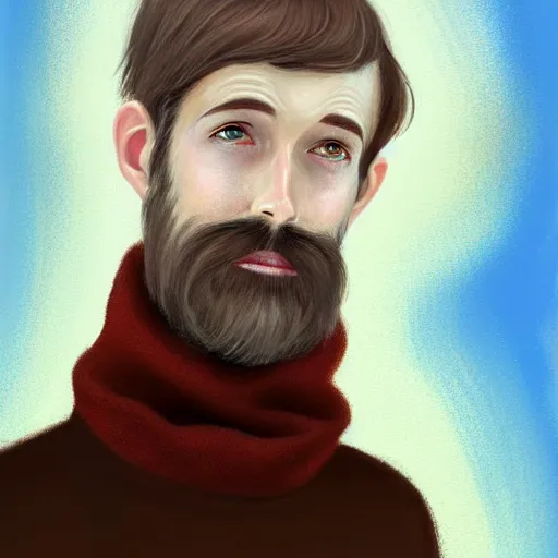 Image similar to gangly man with short dark blond wavy hair, dark blond short beard, no mustache, English heritage, blue eyes, middle aged, wearing a turtleneck and jacket, pale skin, narrow face, digital art, painterly, cartoon, cute, 8k, illustration, art by loish, painterly, trending on artstation, medium shot, uncropped