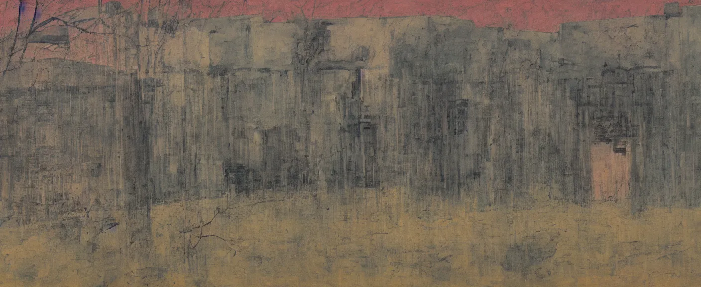 Image similar to a chinese prison near a river by peter doig, muted colors