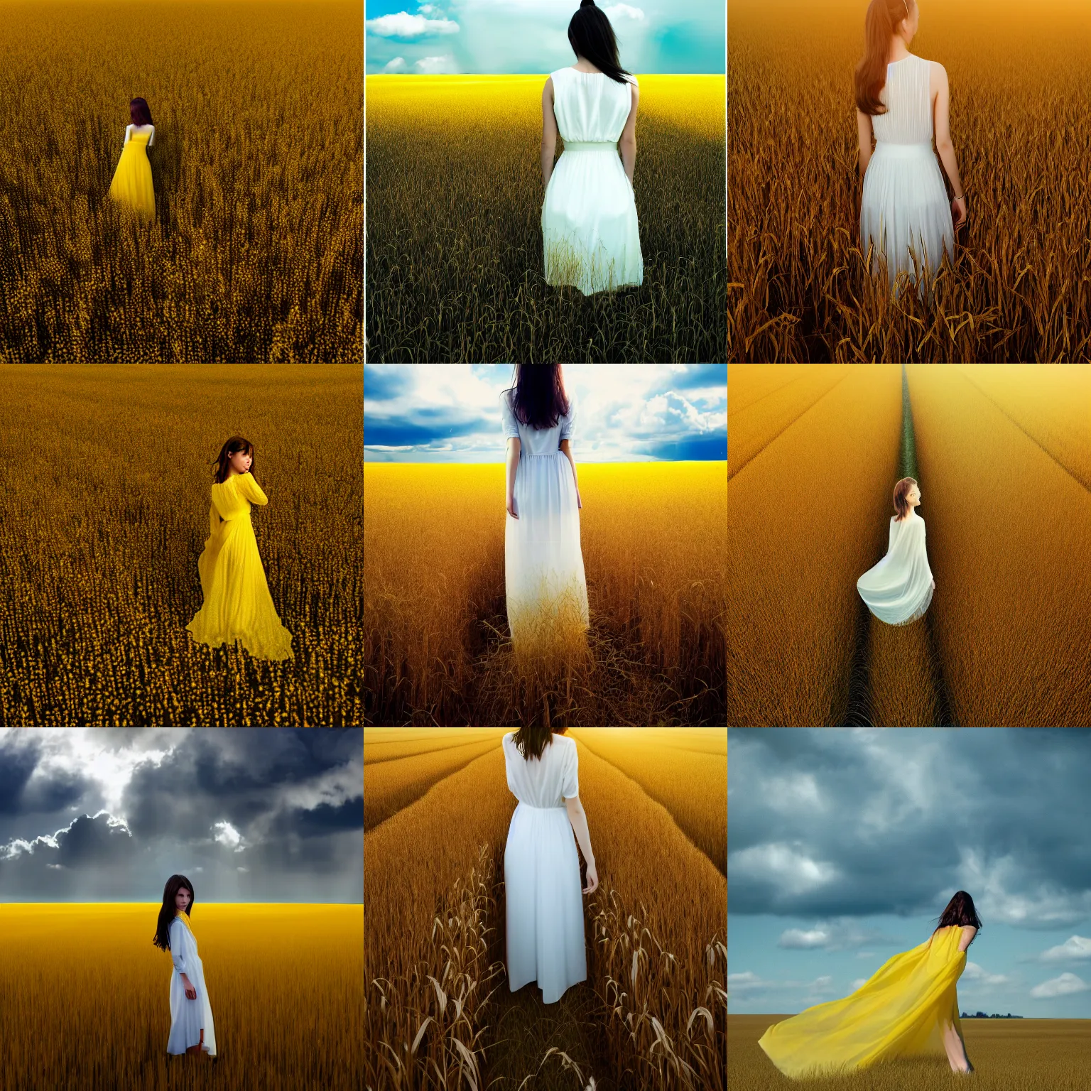 Prompt: aerial shot, a beautiful photo of a petite brunette girl in a very wide transparent thin silk white dress standing on a bright yellow rye field, a lot of clouds, photo from the back, 135mm, trending on artstation, hyper detailed, hyper realistic, chrome accents, mild, ethereal, elegant, tender