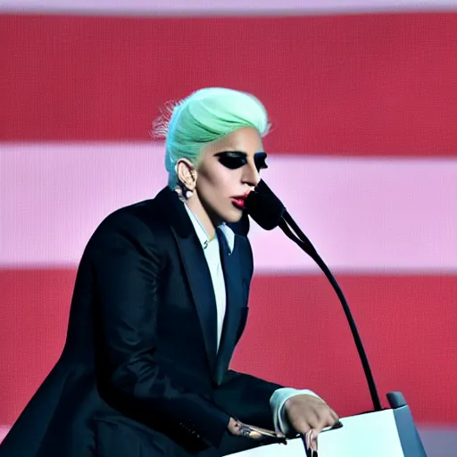 Image similar to Lady Gaga as president, Argentina presidential rally, Argentine flags behind, bokeh, giving a speech, detailed face, Argentina