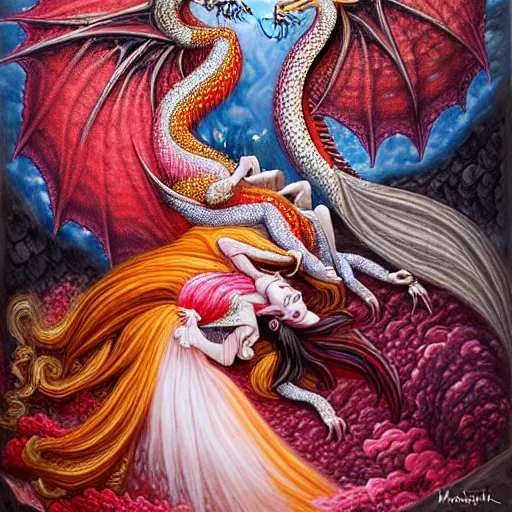 Prompt: miniature painting of a dragon fighting a woman with red+velvet+pink+orange+white colors by Mahmoud Farshchian, intricate, insane detailed, very detailed, Farshchian painting, Farshchian miniature, by Mahmoud Farshchian