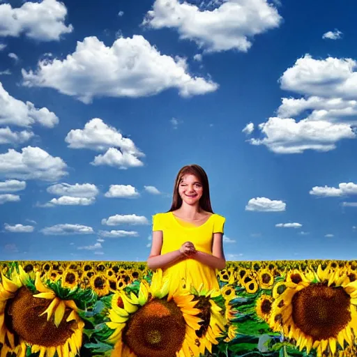 Prompt: Portrait, Illustration of a Ukrainian girl Smiling at the camera, Beautiful pretty young, flowers in her dark hair, Scene: Sunflower field, Colors: Yellow sunflowers, blue cloudy sky, In a style of Miniature World