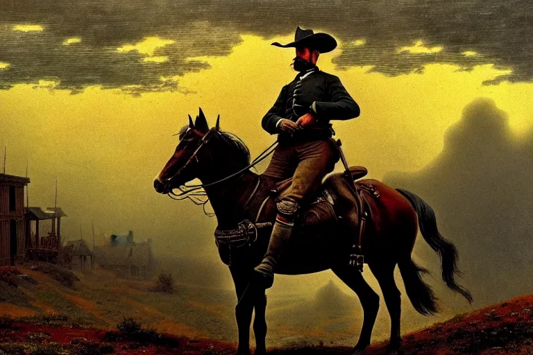 Prompt: an extremely detailed masterpiece photograph of a 1 8 9 0's gunslinger on his horse overlooking an old town, in the style of frederic remington, epic scene, extremely moody lighting, cinematic, 8 k