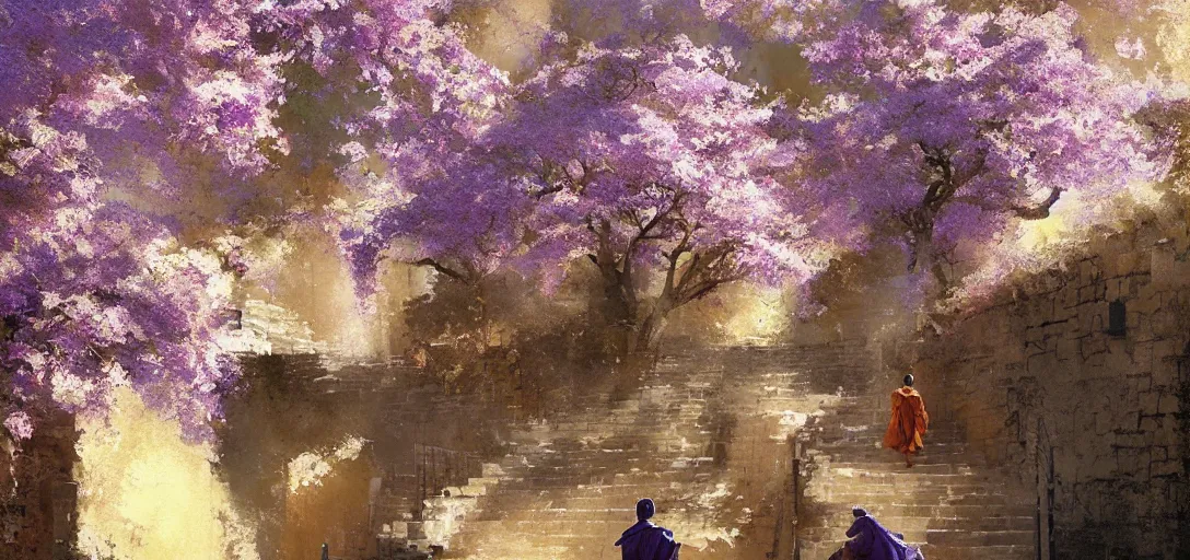 Image similar to A monk walks up stairs lined with cherry blossom trees and jacaranda trees, golden hour, by Craig Mullins, arstation, concept art