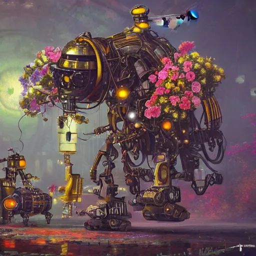 Prompt: steampunk robotic bees and bright robotic flowers, in style of johan grenier, thomas kinkade, artstation, 8 k 3 d, unreal engine, highly detailed, very intricate, cinematic lighting