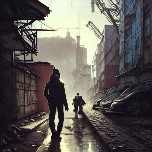 Image similar to A cyberpunk gopnik on the street of a Soviet slum on the moon, Norilsk, sci-fi, fantasy, intricate, very very beautiful, elegant, highly detailed, digital painting, artstation, concept art, smooth, sharp focus, illustration, art by artgerm and greg rutkowski and alphonse mucha