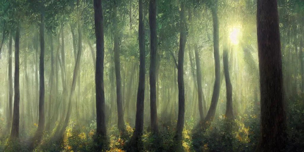 Image similar to An oil painting of an intensely beautiful forest in the morning with straight vertical trees; rays of light coming through the canopy; trending on artstation; extraordinary masterpiece!!!!!!; 8k; haunting beauty