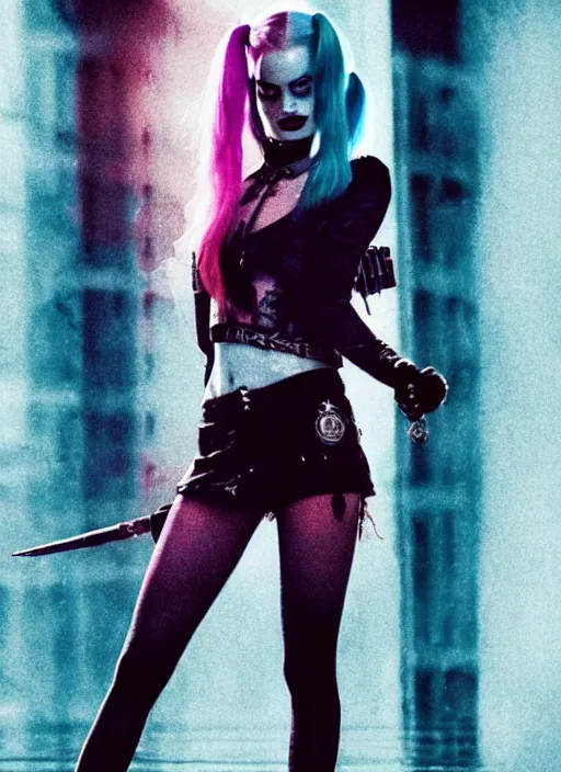 Image similar to 5 0 mm photo of beautiful suicide squad happy margot robbie with long white hair that looks like harley quinn standing on the wet street of dystopian gotham city at night, angry frown, glamour pose, watercolor, frank miller, moebius, jim lee, cinematic, ridley scott, lens flare, dramatic lighting, annie leibowitz