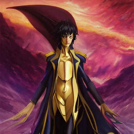 Prompt: Lelouch Lamprooges Powered up Final form, detailed, centered, digital painting, artstation, concept art, donato giancola, Joseph Christian Leyendecker, WLOP, Boris Vallejo, Breathtaking, 8k resolution, extremely detailed, beautiful, establishing shot, artistic, hyperrealistic, beautiful face, octane render, cinematic lighting, dramatic lighting, masterpiece