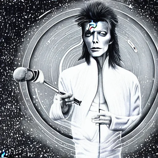 Image similar to cosmic daoist david bowie with whole face yin - yang symbol painted on face, singing into microphone and comets sparkling nearby