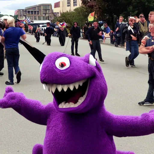 Image similar to Barney the Dinosaur spotted at a Nazi rally