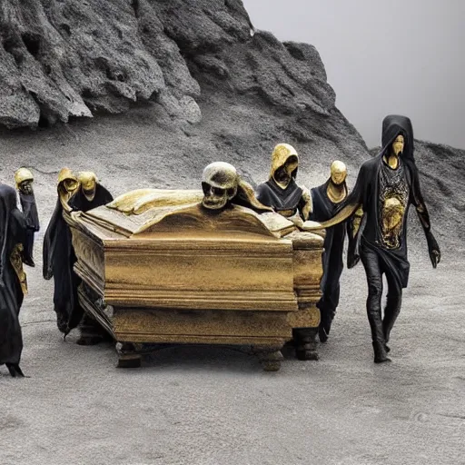 Image similar to A beautiful sculpture of a coffin being carried by six men through an ethereal, otherworldly landscape. The coffin is adorned with a relief of a skull and crossbones, and the men are all wearing hooded cloaks. The landscape is eerie and foreboding, with jagged rocks and eerie, glowing plants. DayGlo blue, gold by Ted Nasmith improvisational