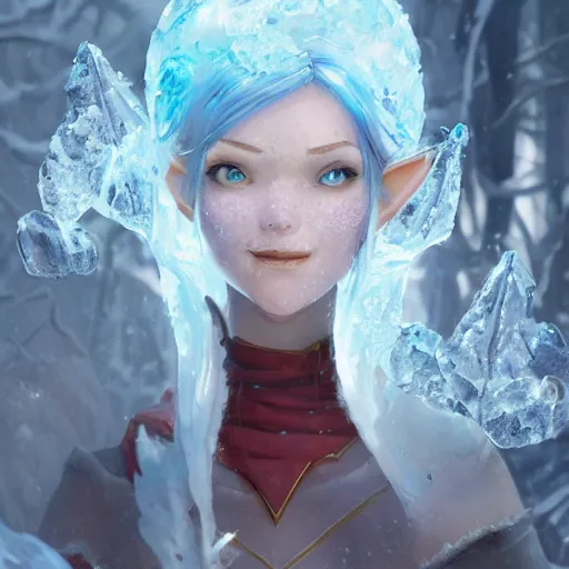 Image similar to a fantasy elf woman trapped and frozen trying to get out of a block of clear ice, with frozen flowers around her, artstation, greg rutkowski