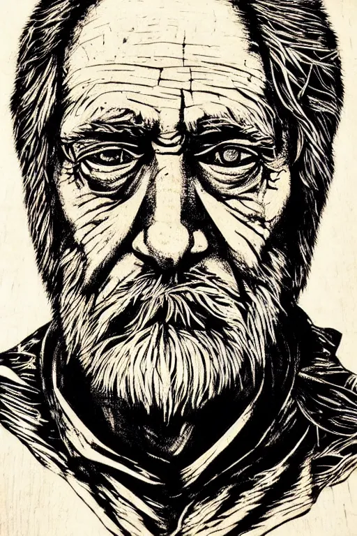 Prompt: a beautiful woodcut portrait print of an old man, 8 k, frostbite 3 engine, cryengine, dof, trending on artstation, digital art, crepuscular ray, art by roy l davies and tugboat printshop