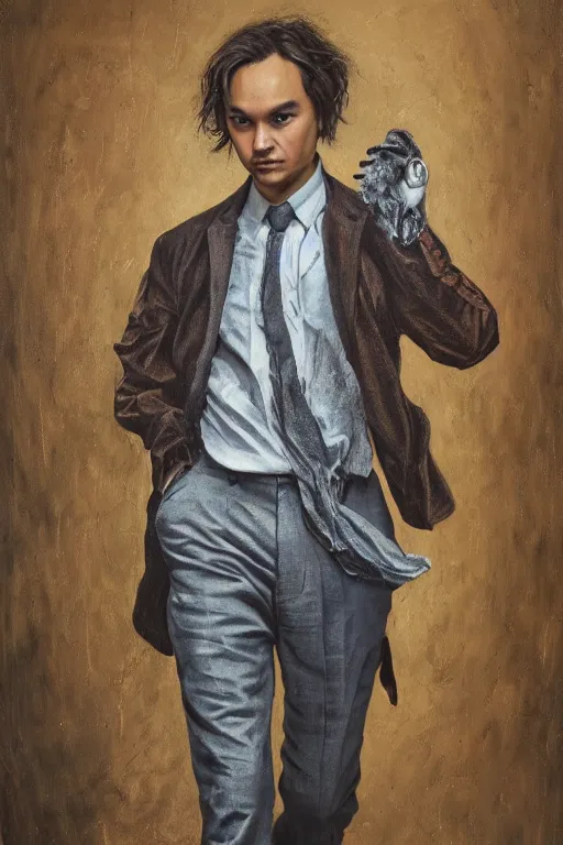 Image similar to Frank Dillane as Robin Goodfellow full body, oil on canvas,intricate portrait, 8k, highly professionally detailed, HDR, CGsociety