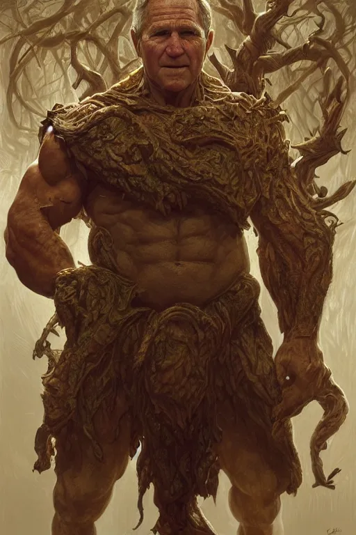 Image similar to portrait of george w bush as a hulking herculean demon, forest, godlike, full body, fantasy, intricate, elegant, highly detailed, digital painting, artstation, concept art, sharp focus, illustration, art by artgerm and greg rutkowski and alphonse mucha