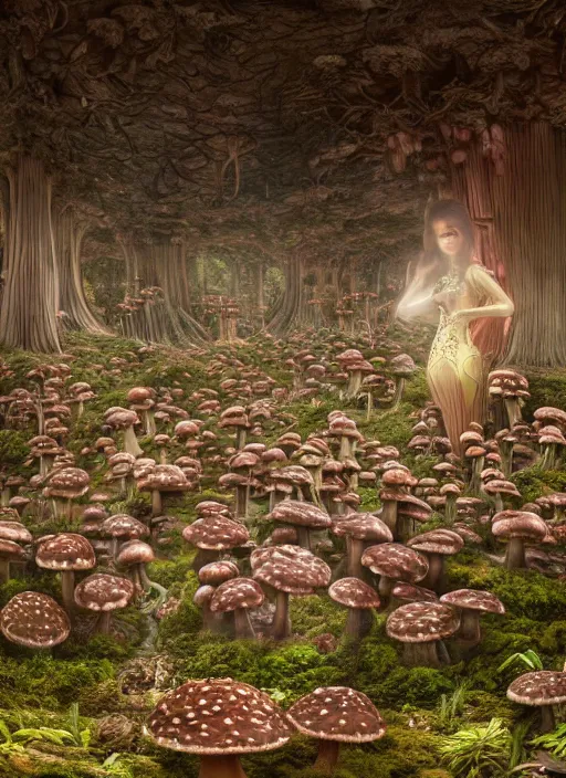 Prompt: wide - angle shot of mushroom temple, depth of field, zeiss lens, detailed, symmetrical, centered, fashion photoshoot, by nicoletta ceccoli, mark ryden, lostfish, earl nore, hyung tae, frank frazetta, breathtaking, 8 k resolution, extremely detailed, beautiful, establishing shot, artistic, hyperrealistic, octane render