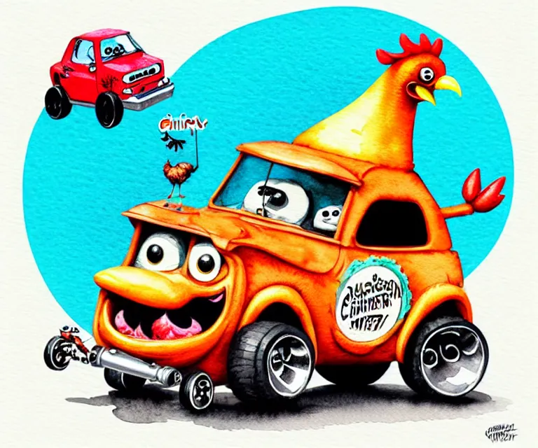 Image similar to cute and funny, chicken driving a tiny black hot rod with an oversized engine, ratfink style by ed roth, centered award winning watercolor pen illustration, isometric illustration by chihiro iwasaki, edited by craola, tiny details by artgerm and watercolor girl, symmetrically isometrically centered