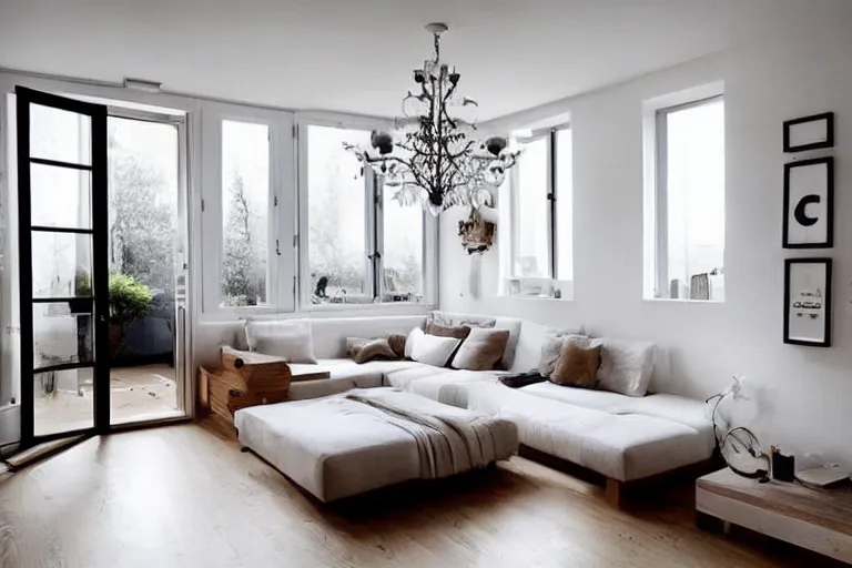 Image similar to Minimalistic Livingroom with a staircase, wooden floor, white L shaped couch, wooden coffee table, Big chandelier, Big Windows,