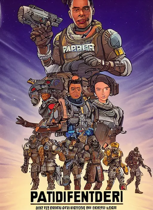 Image similar to pathfinder from apex legends in 1 9 5 0 s sci - fi movie poster with apex legends spelt on it, retrofuturism, highly detailed, mgm studios