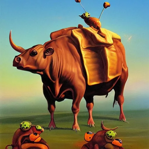 Image similar to a cow with turtle costume, surrealism, painting by boris vallejo and michael whelan