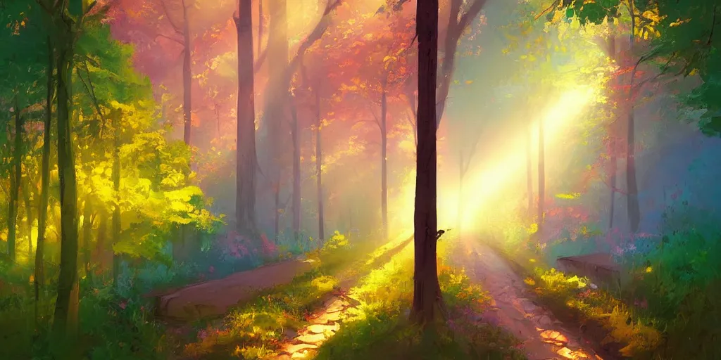 Prompt: colorful sylvain sarrailh illustration of a view down an empty forest tunnel, brightly illuminated by rays of sunlight, wildflowers, artstation