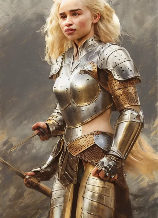 Image similar to short muscular blonde woman wearing realistic medieval armour, emilia clarke, detailed by gaston bussiere, bayard wu, greg rutkowski, maxim verehin, greg rutkowski, masterpiece, sharp focus, cinematic lightning