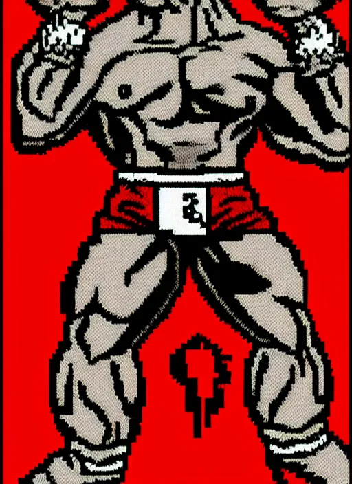 Prompt: full body shot. antropomorphic muscular masculine wolf. kickboxer, in red shorts. wolf head. furr on body. 8 bit nes graphics, pixelate