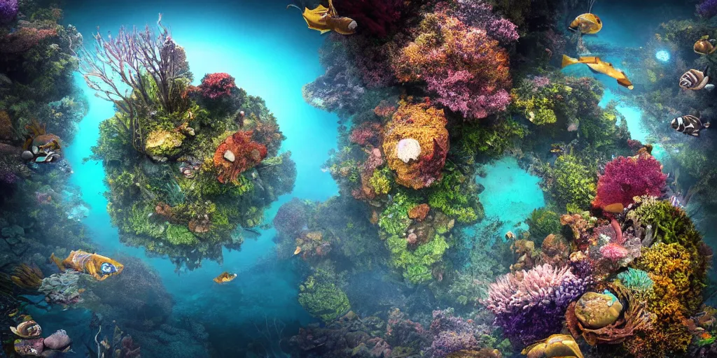 Image similar to 3 6 0 panorama hdr environment map of a underwater world fantasy photograph detail focus octane render