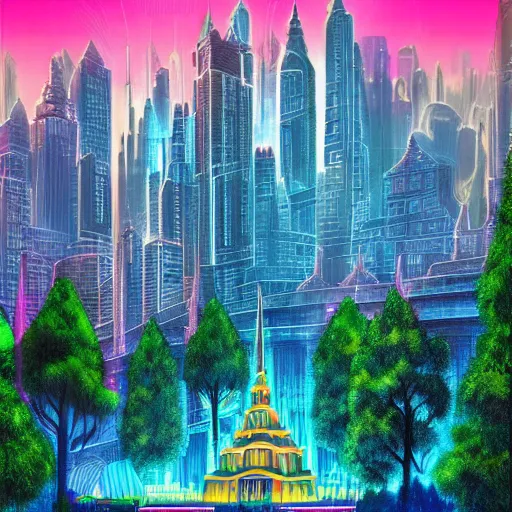 Image similar to mystical realistic poster with shaded lighting by arjun brooklyn radiant light, detailed and complex environment, solace, beautiful, utopic astral city in the sky with many buildings and temples reflecting an modern city on the ground with old growth pine trees, overlaid sacred geometry, with implied lines, gradient of hot pink and neon baby blue