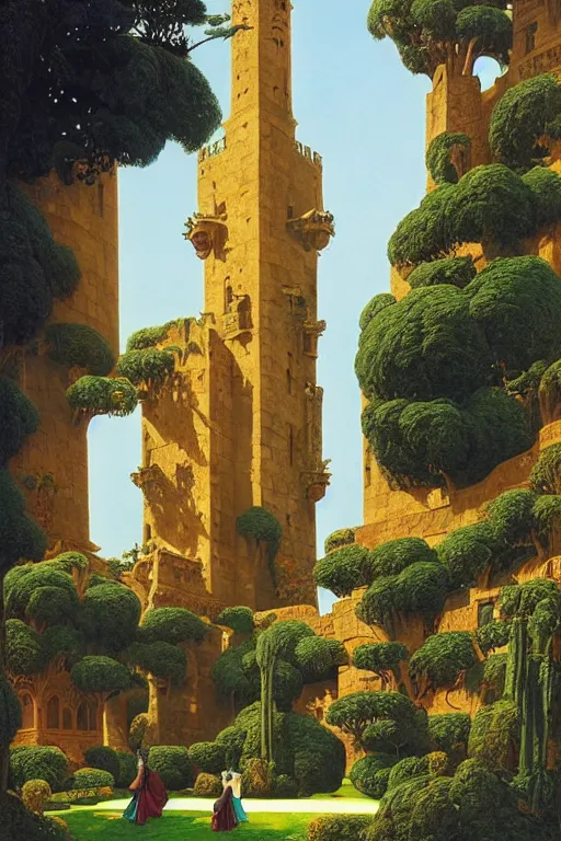 Image similar to ancient carved tower of the moon in its gardens fairytale illustration, elaborate latticed balconies, tall windows, moorish architecture, formal gardens, dramatic cinematic lighting, soft colors, golden age illustrator, unreal engine, by Ludwig Deutsch and William Dyce and Andreas Rocha and (Maxfield Parrish and Nicholas Roerich)