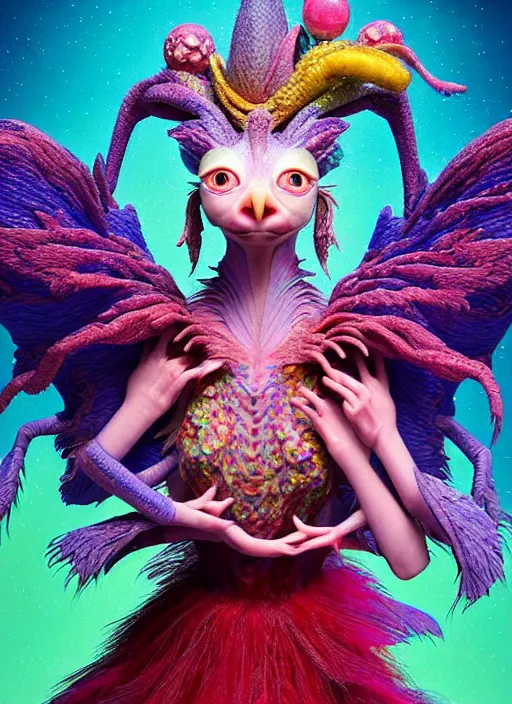 Image similar to hyper detailed 3d render like a Oil painting - kawaii portrait of two Aurora (a beautiful skeksis muppet fae princess protective playful expressive from dark crystal that looks like Anya Taylor-Joy) seen red carpet photoshoot in UVIVF posing in scaly dress to Eat of the Strangling network of yellowcake aerochrome and milky Fruit and His delicate Hands hold of gossamer polyp blossoms bring iridescent fungal flowers whose spores black the foolish stars by Jacek Yerka, Ilya Kuvshinov, Mariusz Lewandowski, Houdini algorithmic generative render, golen ratio, Abstract brush strokes, Masterpiece, Edward Hopper and James Gilleard, Zdzislaw Beksinski, Mark Ryden, Wolfgang Lettl, hints of Yayoi Kasuma and Dr. Seuss, octane render, 8k