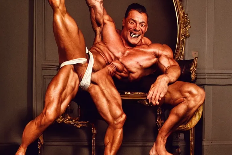 Image similar to hyperrealistic muscular Jean Claude Vandamme doing the splits, spread eagle between two chairs over a toilet, golden hour, smiling, award winning