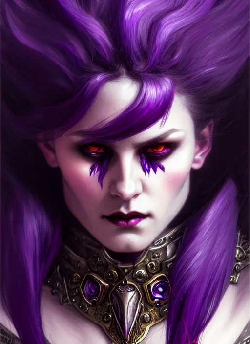 Image similar to close up character concept portrait of a vampire in amethyst armor with purple hair, strong, intricate, elegant, intense, stoic, highly detailed, digital painting, artstation, concept art, symmetry, smooth, sharp focus, illustration, black and red, art by gaston bussiere and alphone mucha