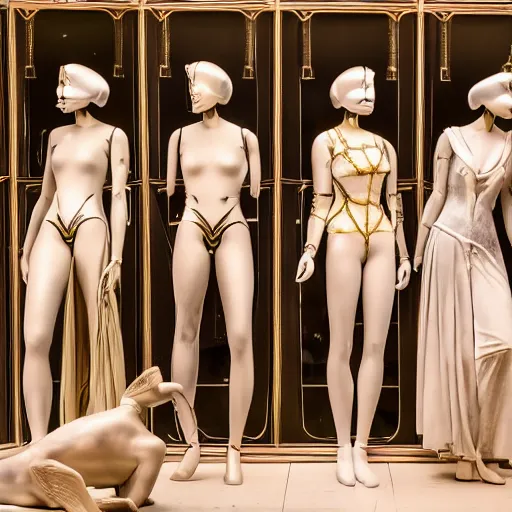 Prompt: Art Deco mannequins in an Art Nouveau themed shop, detailed image, Octane 8K