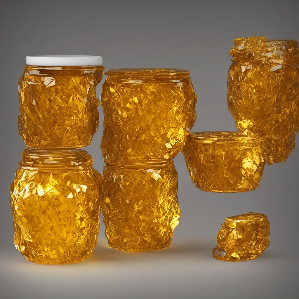 Prompt: elaborate low poly faceted honey jar, golden glistening, light bloom, octane render, product photography, studio photography, sharp high contrast