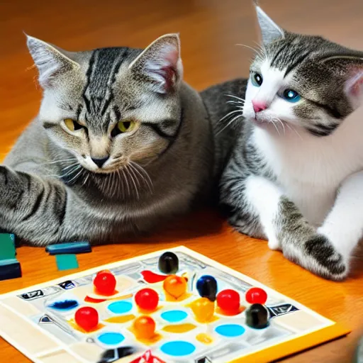 Image similar to Cats sitting at a table playing board games, detailed,