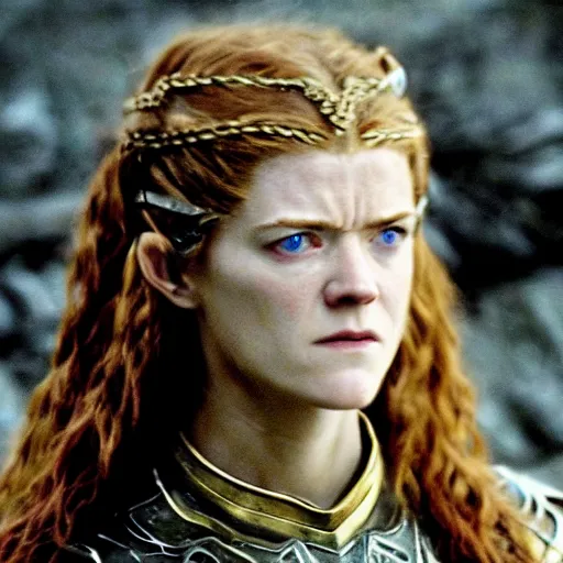 Prompt: Rose Leslie as Eowyn, Lord of the Rings, film still, high detail