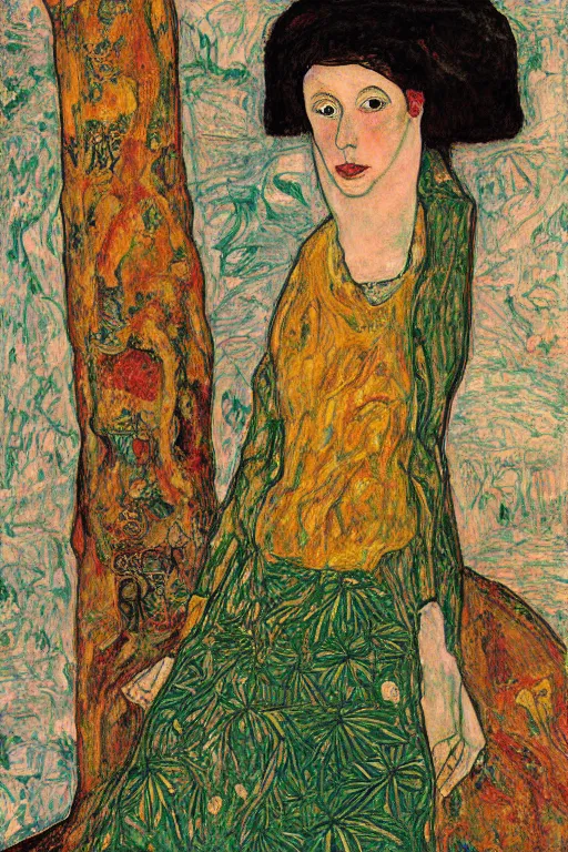 Image similar to girl waer detailed golden arabesque dress with a big tree palm in persian pot, painting by egon schiele