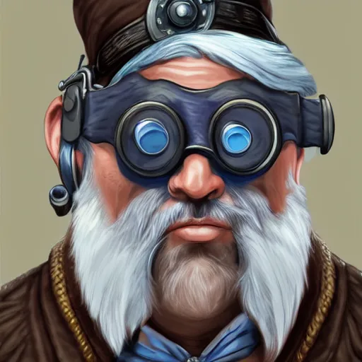 Image similar to a front-facing portrait of an old man with a grey beard and blue hair wearing steampunk goggles, dungeons and dragons character art, highly-detailed illustration, Artstation