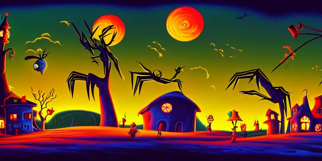 Prompt: a cartoon night landscape game background in art deco surrealism expressionism, artstation, nightmare before christmas