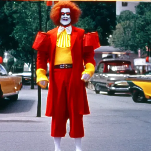 Prompt: ronald mcdonald standing on street corner, film still, directed by quentin tarantino