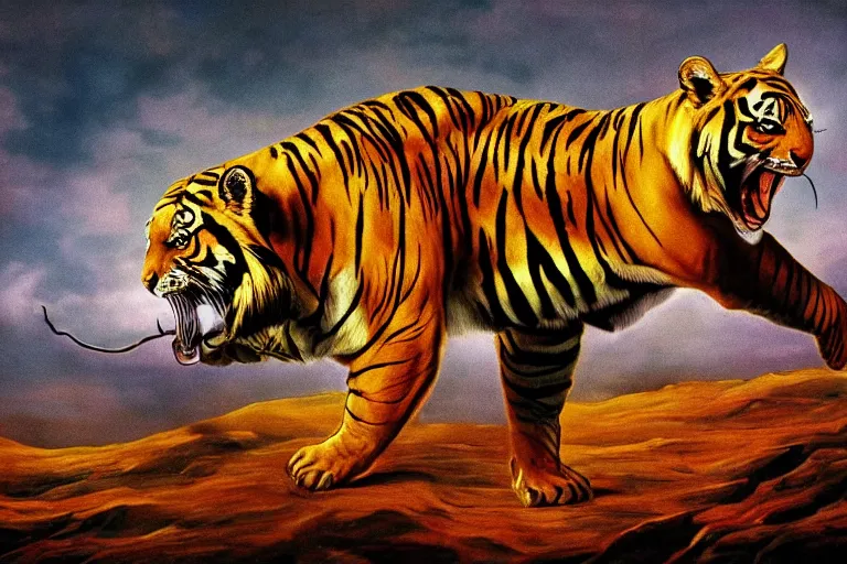 Prompt: An extremely bright studio photograph of a snarling tiger in the style of Salvador Dali, establishing shot, high-quality, professional, dramatic lighting, extremely high detail, trending on artstation