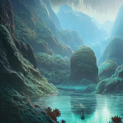 Image similar to A beautiful hyper realistic detailled matte painting of a microscoptic world of algea with ridges similar to mountains with billions of glowing micro trees emmiting a read and teal color by John Howe and Albert Bierstadt and Alena Aenami and dan mumford and dave noton, unreal engine, trending on behance:1, a warped world looped back on itself like Inception