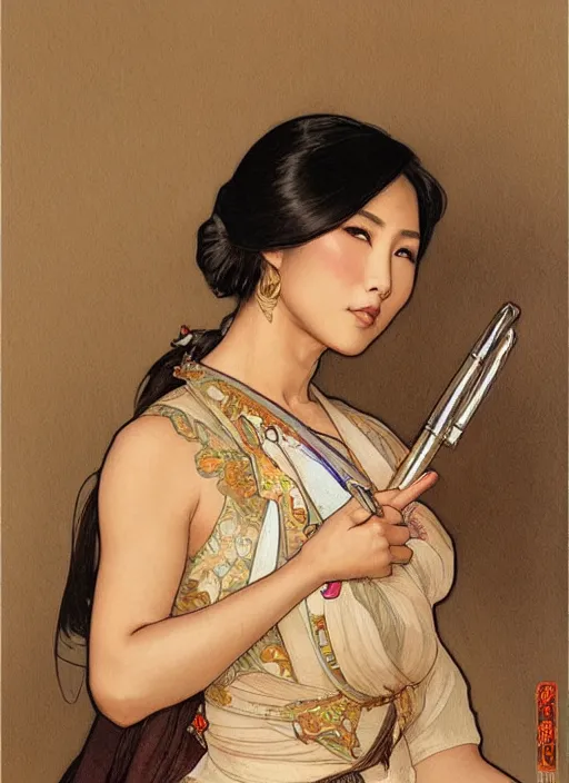 Prompt: a painting of a beautiful 35 year old Asian woman with tanned skin and traditional dress holding a pen by Artgerm and Greg Rutkowski and Alphonse Mucha, dramatic studio lighting