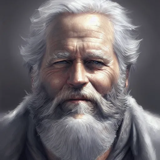 Prompt: Old man, blue eyes, bushy white beard, digital painting, lots of details, extremely detailed, 4k, intricate, brush strokes, Mark Arian, Artgerm, Bastien Lecouffe-Deharme