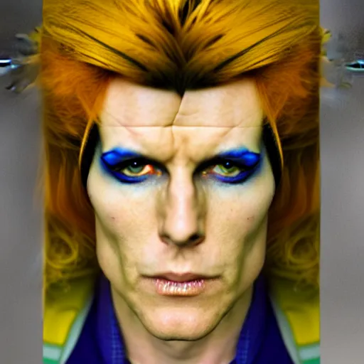 Image similar to film still photo portrait mugshot of ziggy stardust as a jojo bizarre adventure character, realistic, hyperrealistic, 8 k resolution, hd quality, very detailed, highly detailed, intricate details, real life, real world, trending on artstation, digital art, really realistic, very realistic, headshot, head in frame, photograph, portrait, mugshot